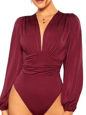 WDIRARA Women's burgundy long-sleeve bodysuit Plunging V-neckline  Sz L NWT